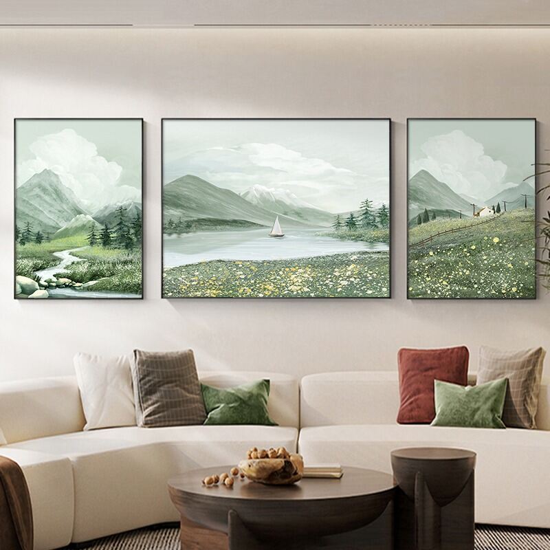 Elegant Green Cream Living Room Sofa Background Wall Hanging Decor