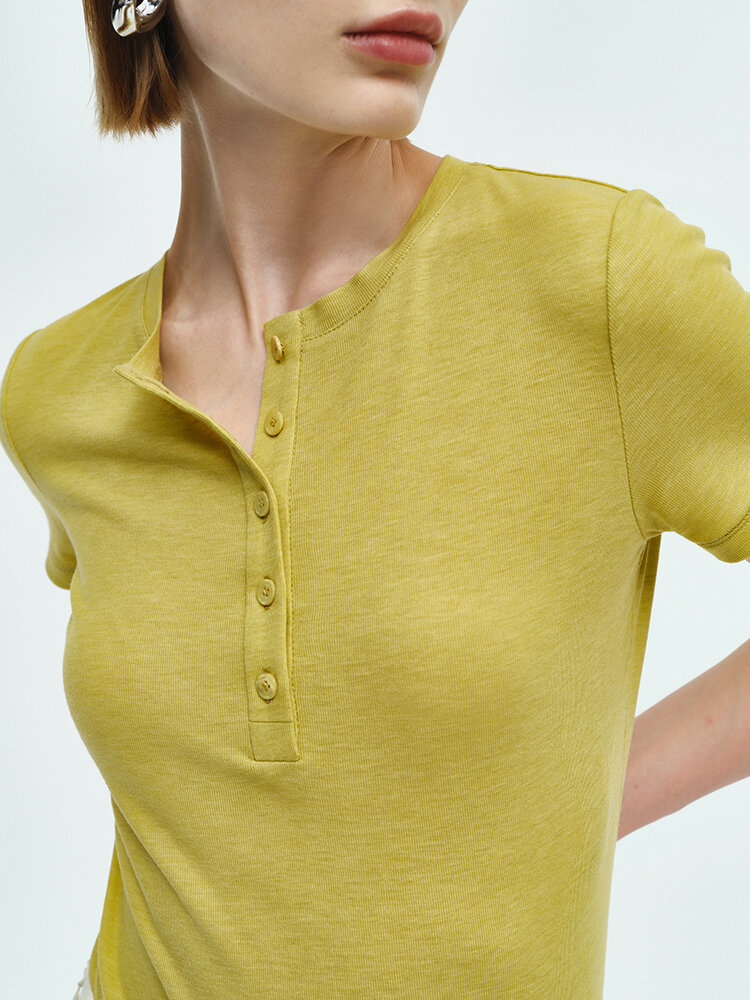 RoseLingLing Ultra-Fine Australian Silk Wool Blend Slimming Knit T-Shirt with Henley Collar for Women Casual Summer Style