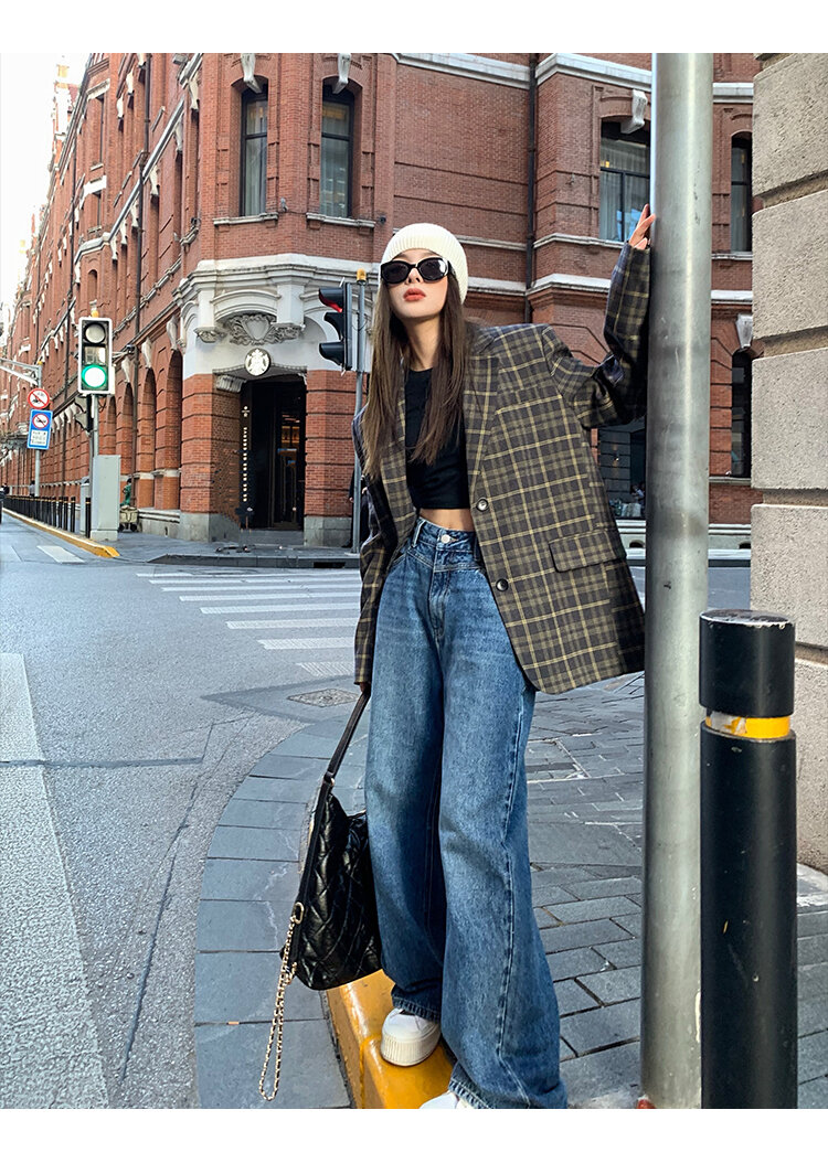 Chenmi Fan Blau Jeans mit hoher Taille und weitem Bein für Damen Herbst Neu Locker lässige gerade Hosen Hoch aussehende lange Hosen