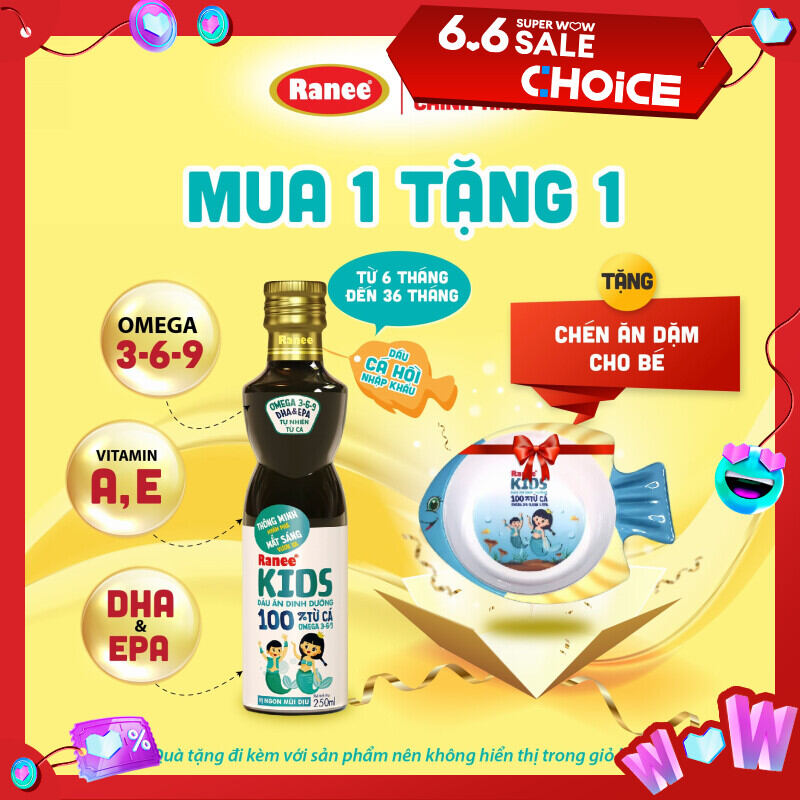 Dầu ăn Cá Hồi dinh dưỡng cho bé Ranee Kids 250ml+ tặng chén ăn dặm cao cấp hình cá