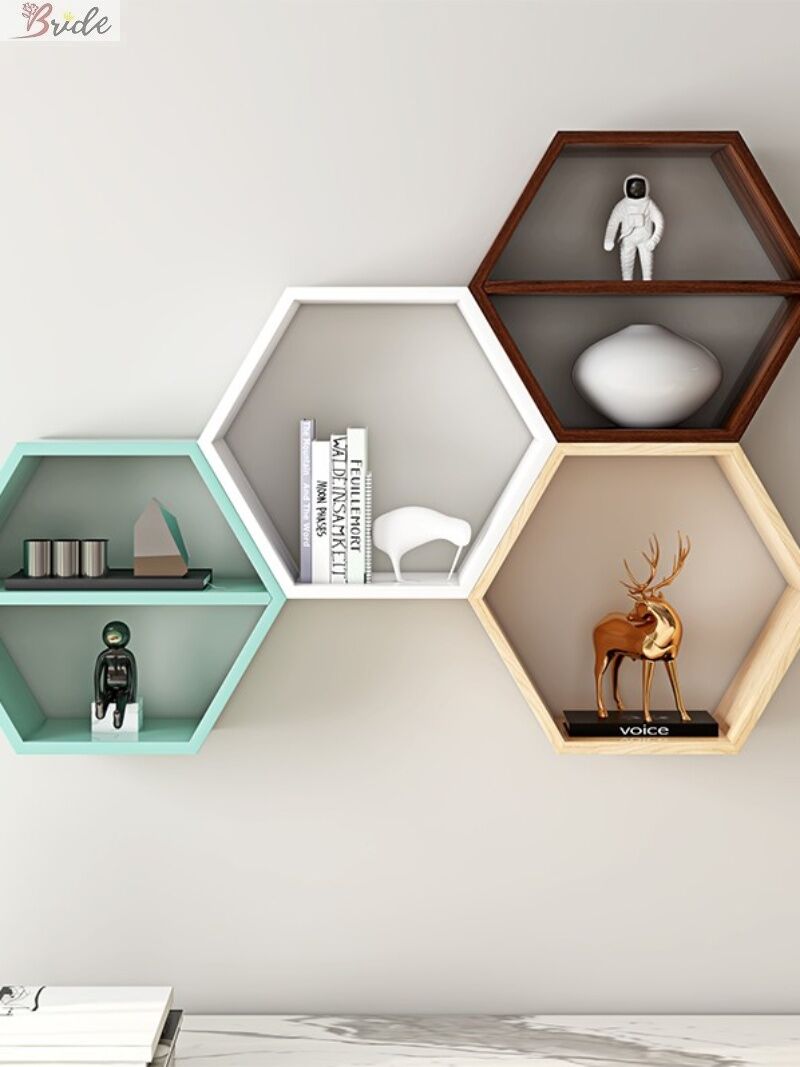 Hexagonal Wall Mounted Shelf Entrance Hall Living Room Simple Decorative Bookshelf Creative Grid Background Wall Frame. 