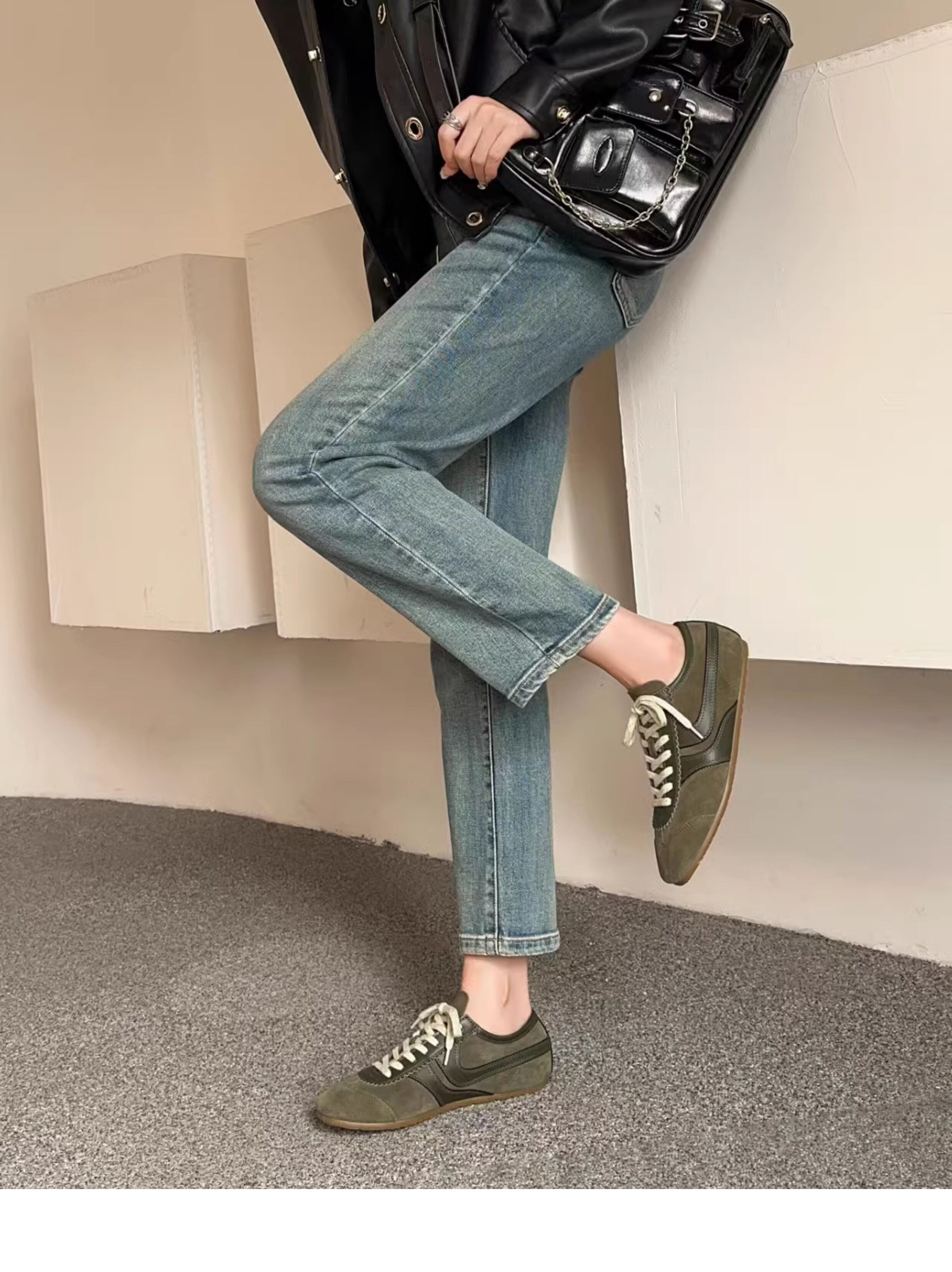 Olive Green Agam Shoes Deqin Casual Sneakers Women's Flat Bottom Sports Shoes Easy to Wear Comfortable Leather Interior · v12