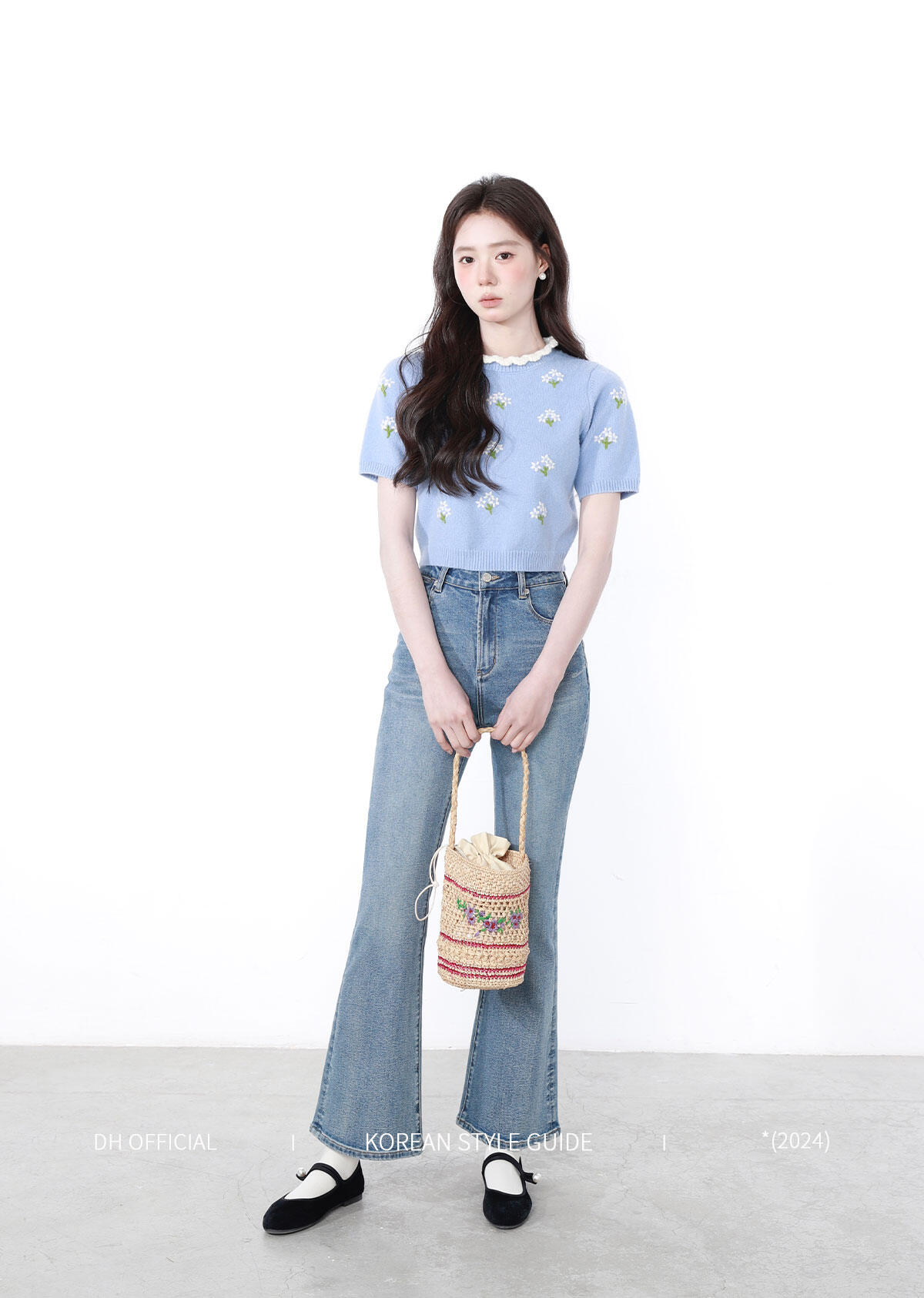 High Waist Flared Jeans Women's Spring Blue Cotton Stretch Denim Floral Print Supermodel Pants Straight Leg Trousers · v2