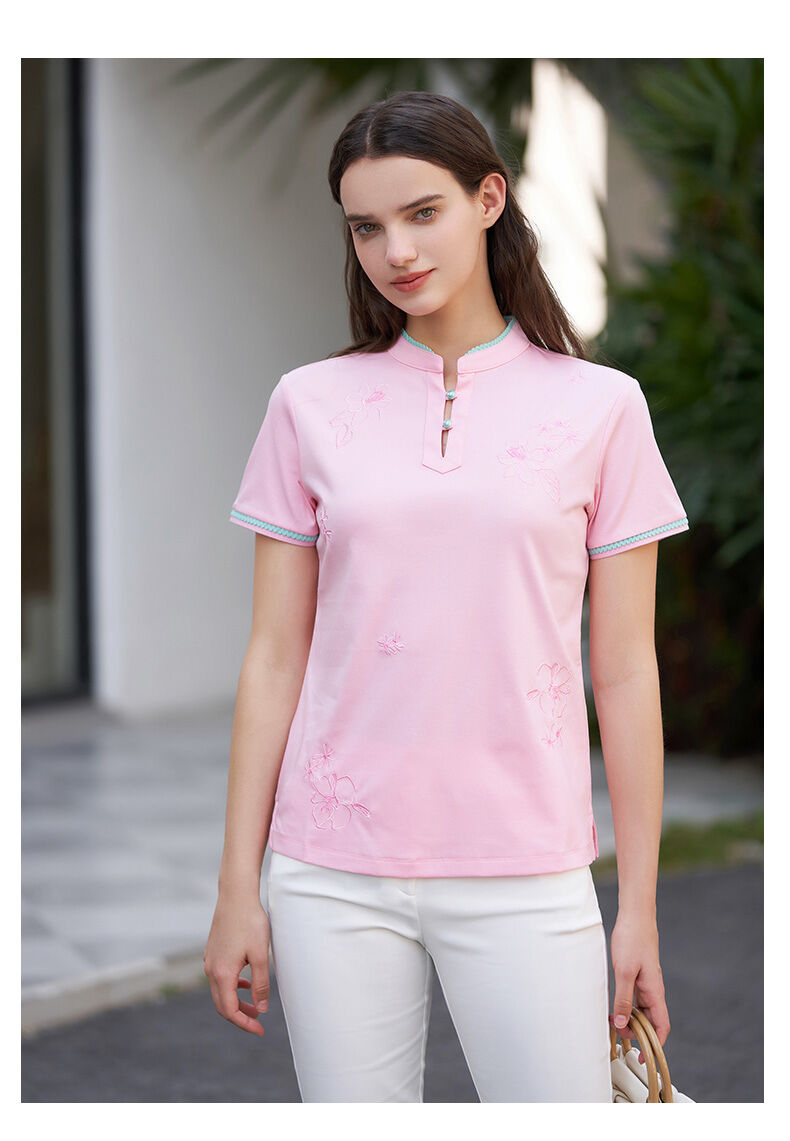 Versino, haftowana koszulka polo z krótkim rękawem w stylu chińskim, damska lato New Arrival, uniwersalna, codzienna bawełniana, smukła krój