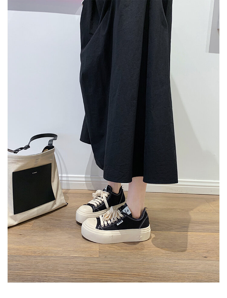 Women's Low Top round Toe Laced Canvas Shoes Thick Bottom Cross Pattern White Sneakers Worn in Dirty Looking Shoes · v11