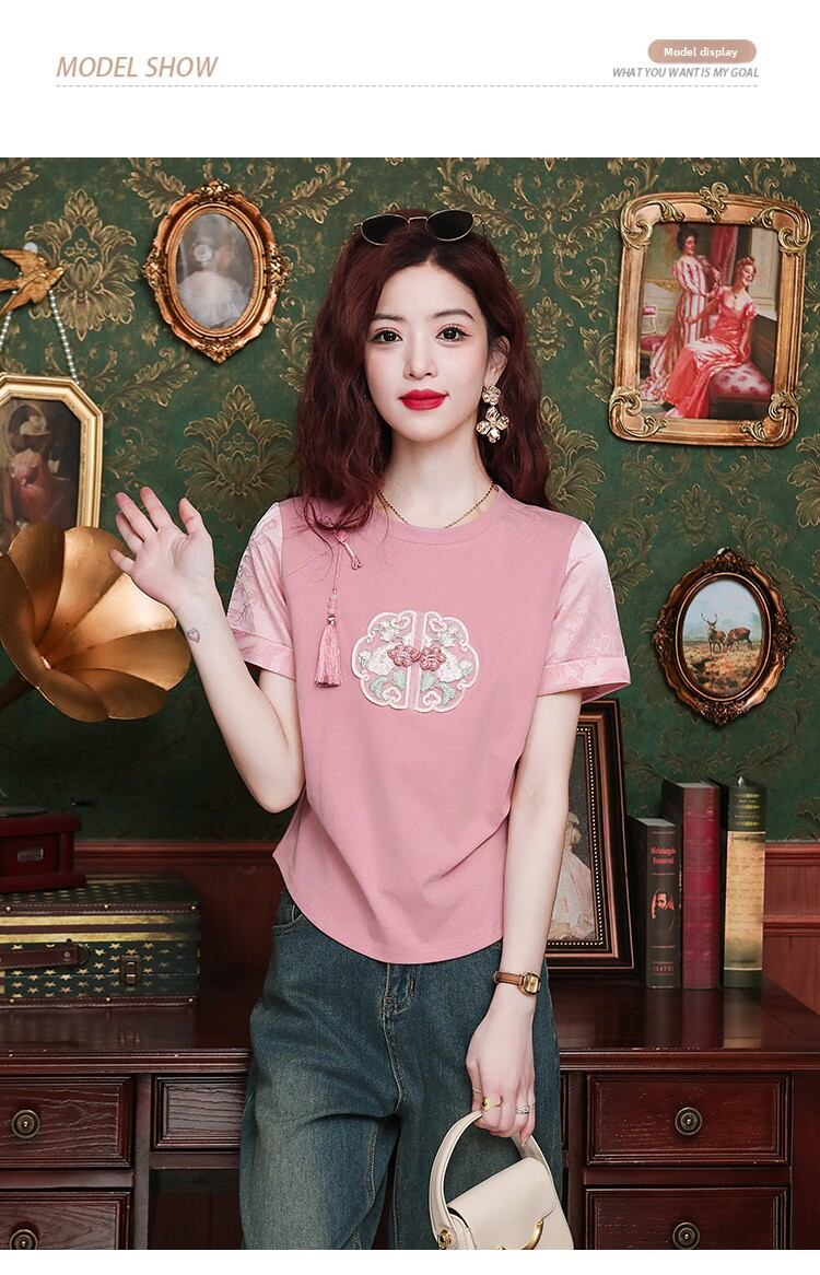 New Summer Chinese Style Women's Loose Fit Short Sleeve T-Shirt Embroidered Slimming Top Trendy round Neck Cotton Casual Wear · v3