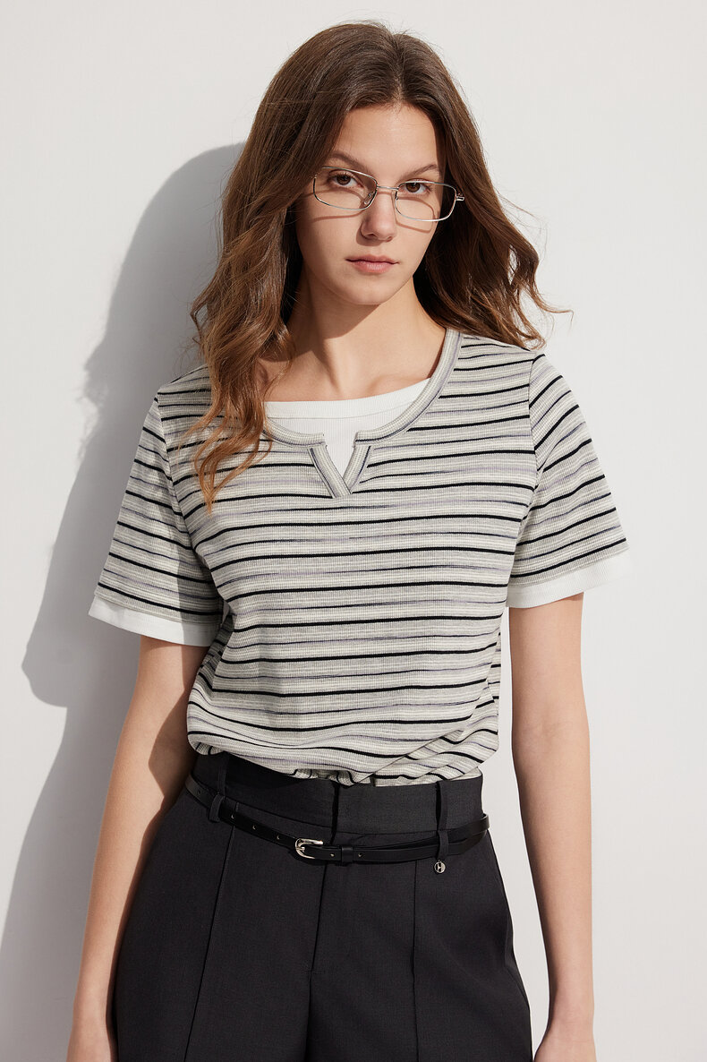 ELLE French Design Splice Color Striped Short Sleeve T-shirt for Women Simple Casual Summer 2024 New Arrival