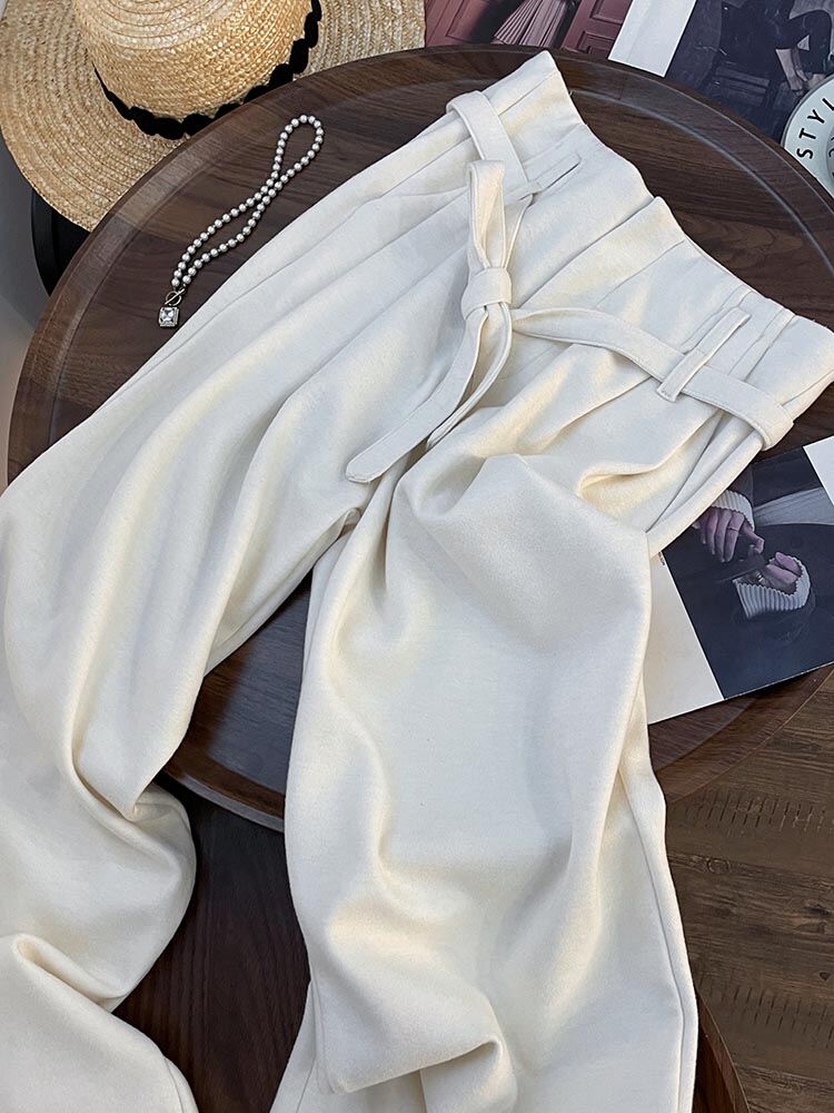 White High Waist Slimming Wide Leg Pants Spring 2025 Casual Vintage Korean Loose Pleated Straight Cut Women's Trousers