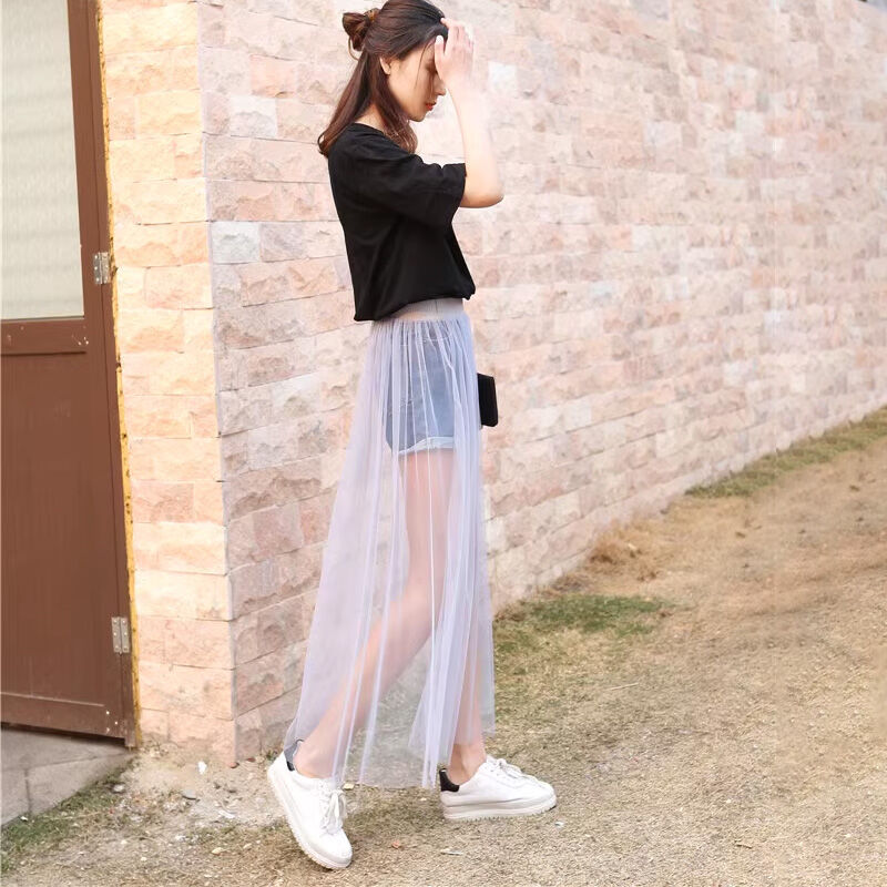 Elastic waist sheer skirt translucent yarn maxi skirts SKT080