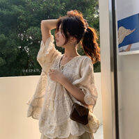 CHOEFULYN | Bohemian Style Apricot Embroidered Lace V-neck Tie Short Sleeve Shirt