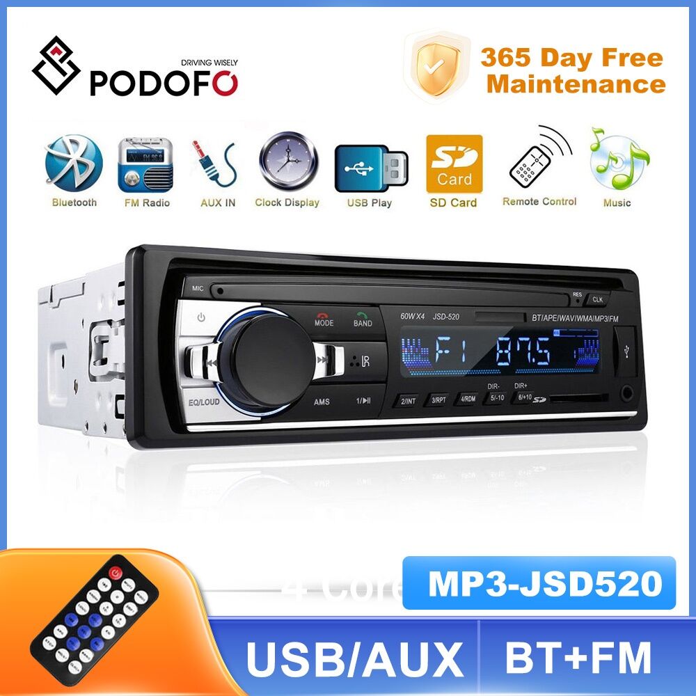 Podofo Autoradio 1 Din Bluetooth Radio Car 12V JSD 520 SD AUX IN MP3