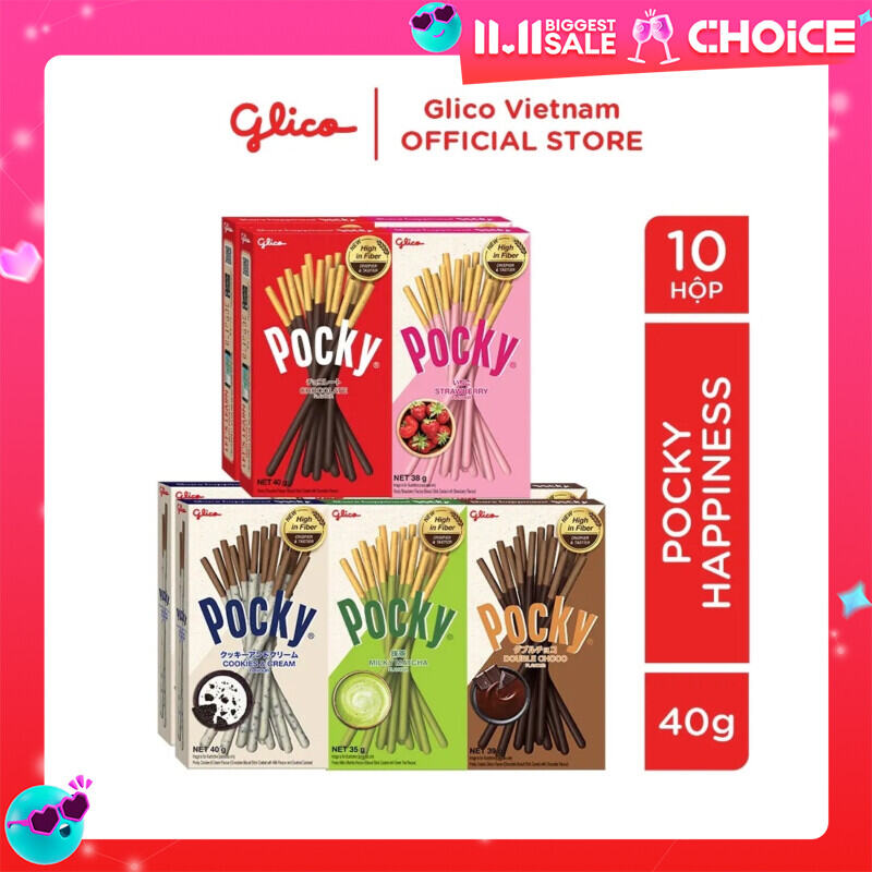 Combo 10 Hộp Bánh Que Phủ Kem Nhiều Vị Glico Pocky (2 Chocolate - 2 Dâu - 2 Cookie & Cream - 2 Matcha - 2 Double Choco)