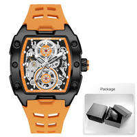 MEGIR Blue Mechanical Watch for Men Tonneau Hollow Dial Sport Waterproof Automatic Wristwatch with Luminous Hands Silicone Strap