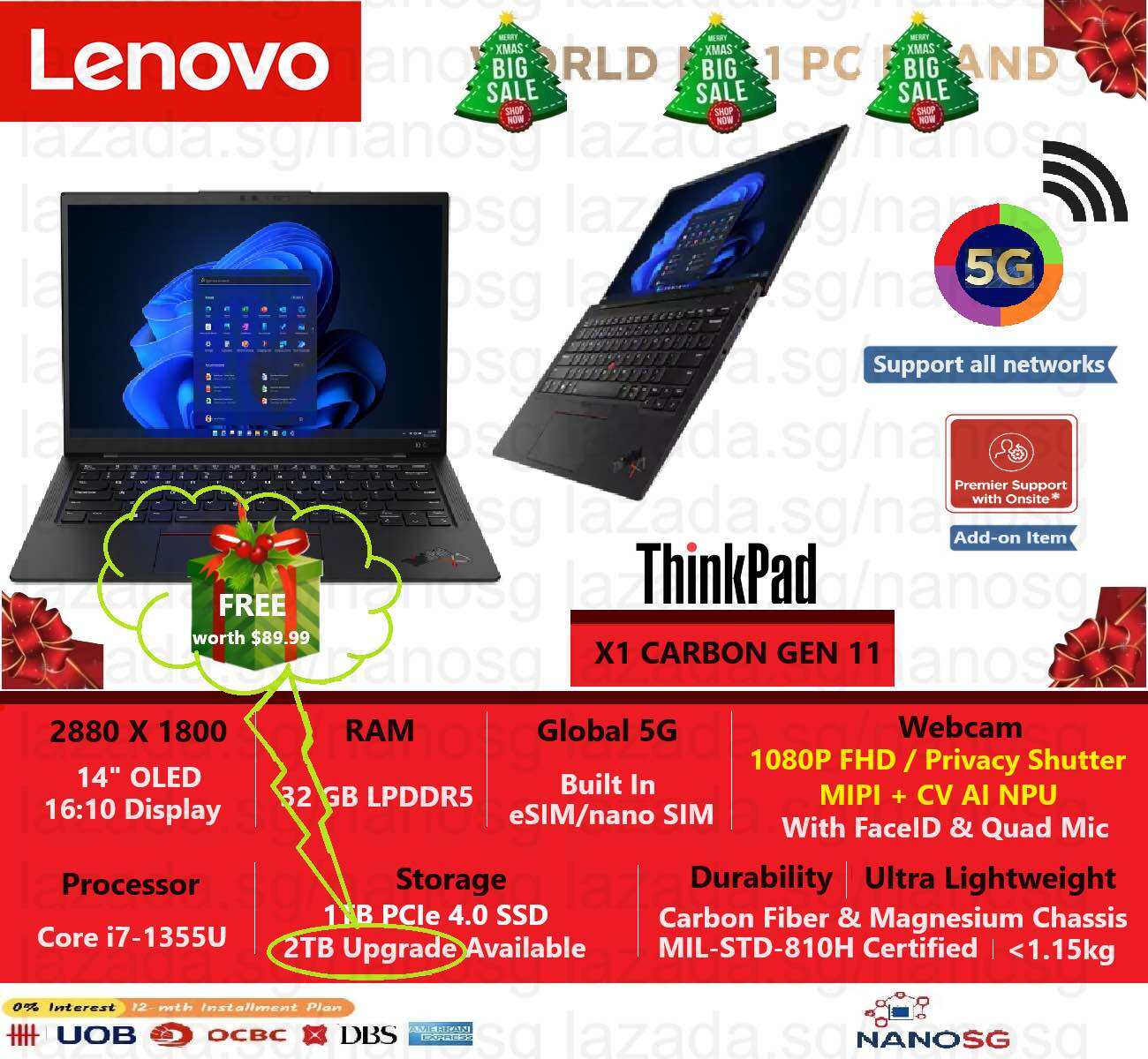 ThinkPad X1 Carbon Gen 11 | 5G e/SIM WWAN |14” 2.8K OLED| i7-1355U | 32GB RAM | Up 2TB SSD | UHD 13th Gen Intel Lenovo. 