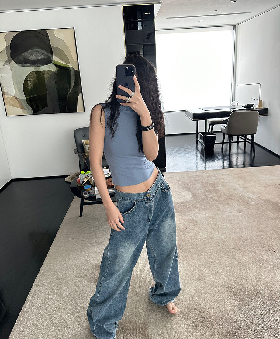 DQSTORE Jeanshose für Damen mit hoher Taille und weitem Bein, hellfarbiges Baumwollmaterial, Frühlings- und Sommersaison, ideal für Geburtstagsfeiern von 18-24