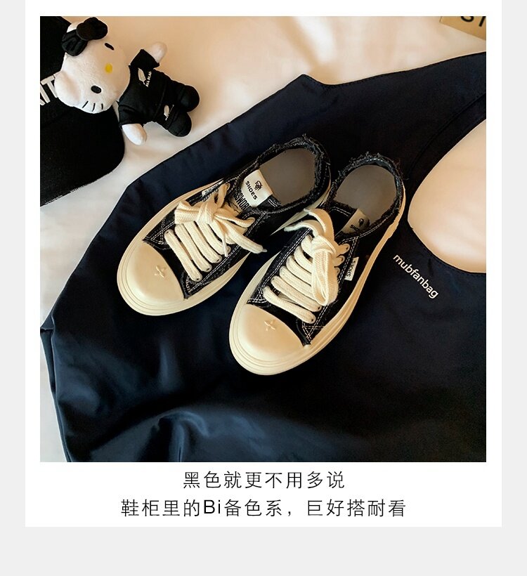 Women's Low Top round Toe Laced Canvas Shoes Thick Bottom Cross Pattern White Sneakers Worn in Dirty Looking Shoes · v11