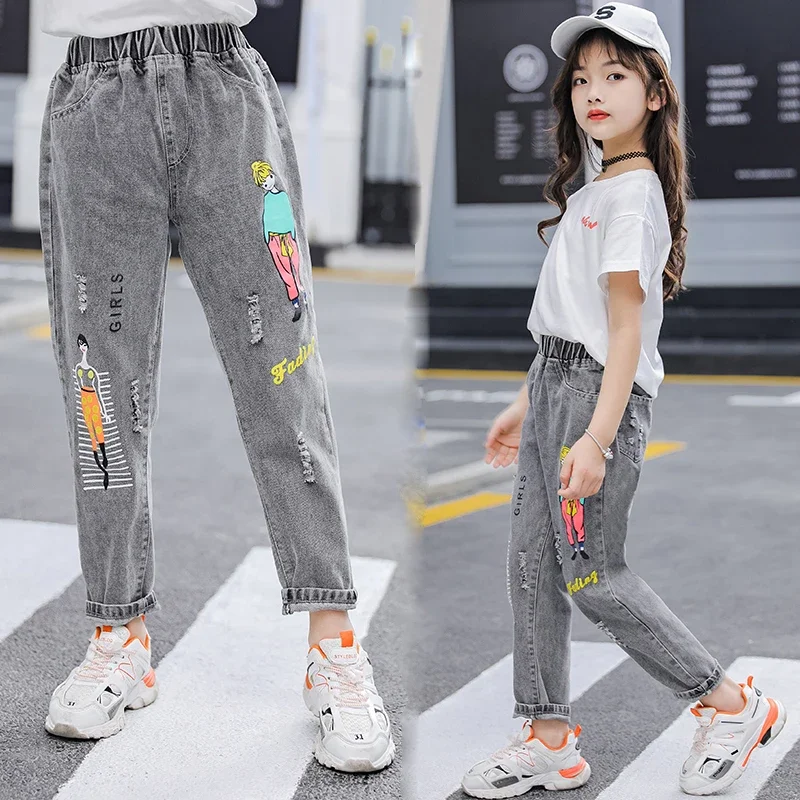 Girls' Jeans 2020 Spring New Girls' Middle and Big Children's Jeans Baby Girls' Slim Fit Stretch Pants Thin