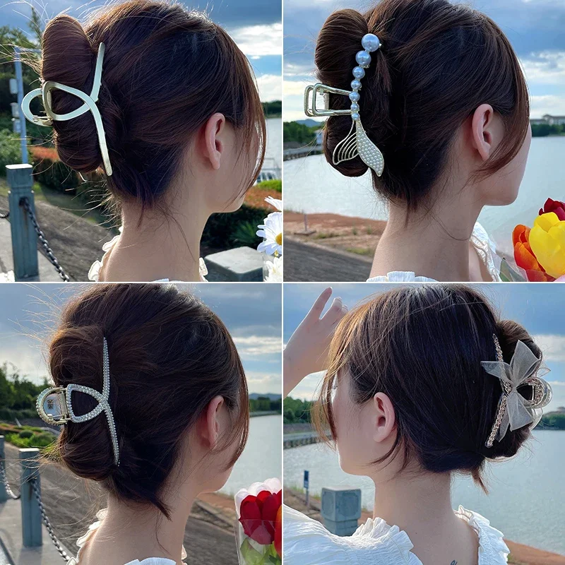 Large Grip Women's Summer Large Hair Clip Back Head Hair Clip Tassel Cute Pearl Metal Hair Volume More than Shark Clip