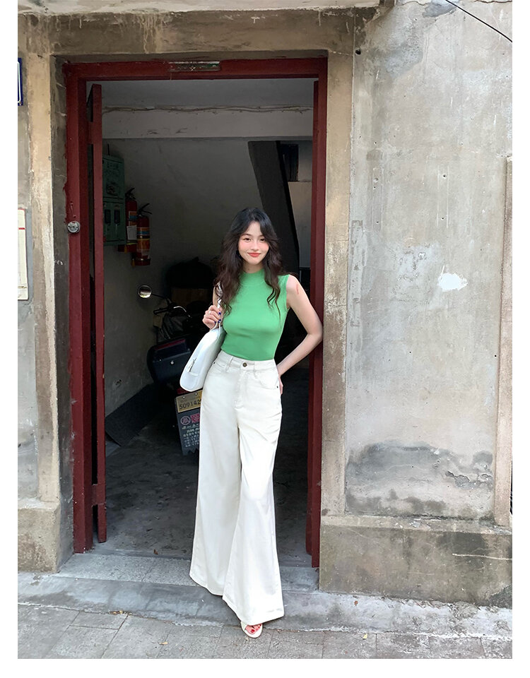 Wine Noon [Xixi] Hong Kong Style Retro Autumn High Waist Slim-Fit Wide-Legged Pants Micro-La Mop Pants White Denim Female · v2