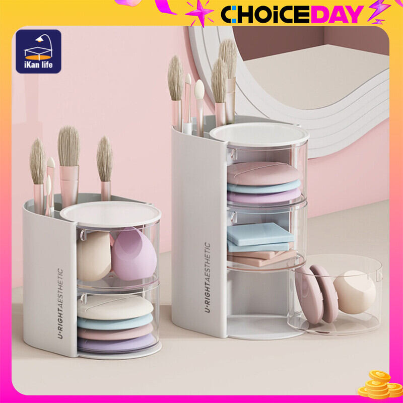 กล่องเก็บแปรงแต่งหน้า 2in1แปรงแต่งหน้า กล่องเก็บของ กล่องเครื่องสําอางโปร่งใส หมุนได้ กล่องเก็บของชั้นวางแป้งพัฟ กล่องเครื่องสําอางป้องกันฝุ่น ราคา 133 บาท*ส่งฟรี