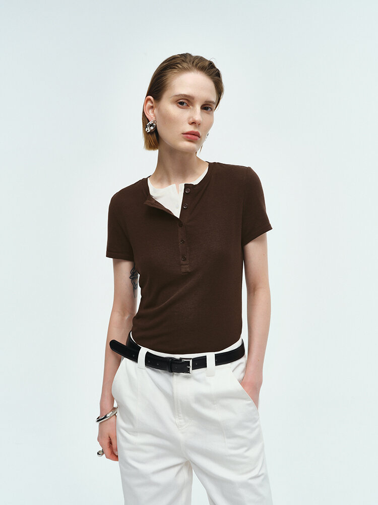 RoseLingLing Ultra-Fine Australian Silk Wool Blend Slimming Knit T-Shirt with Henley Collar for Women Casual Summer Style