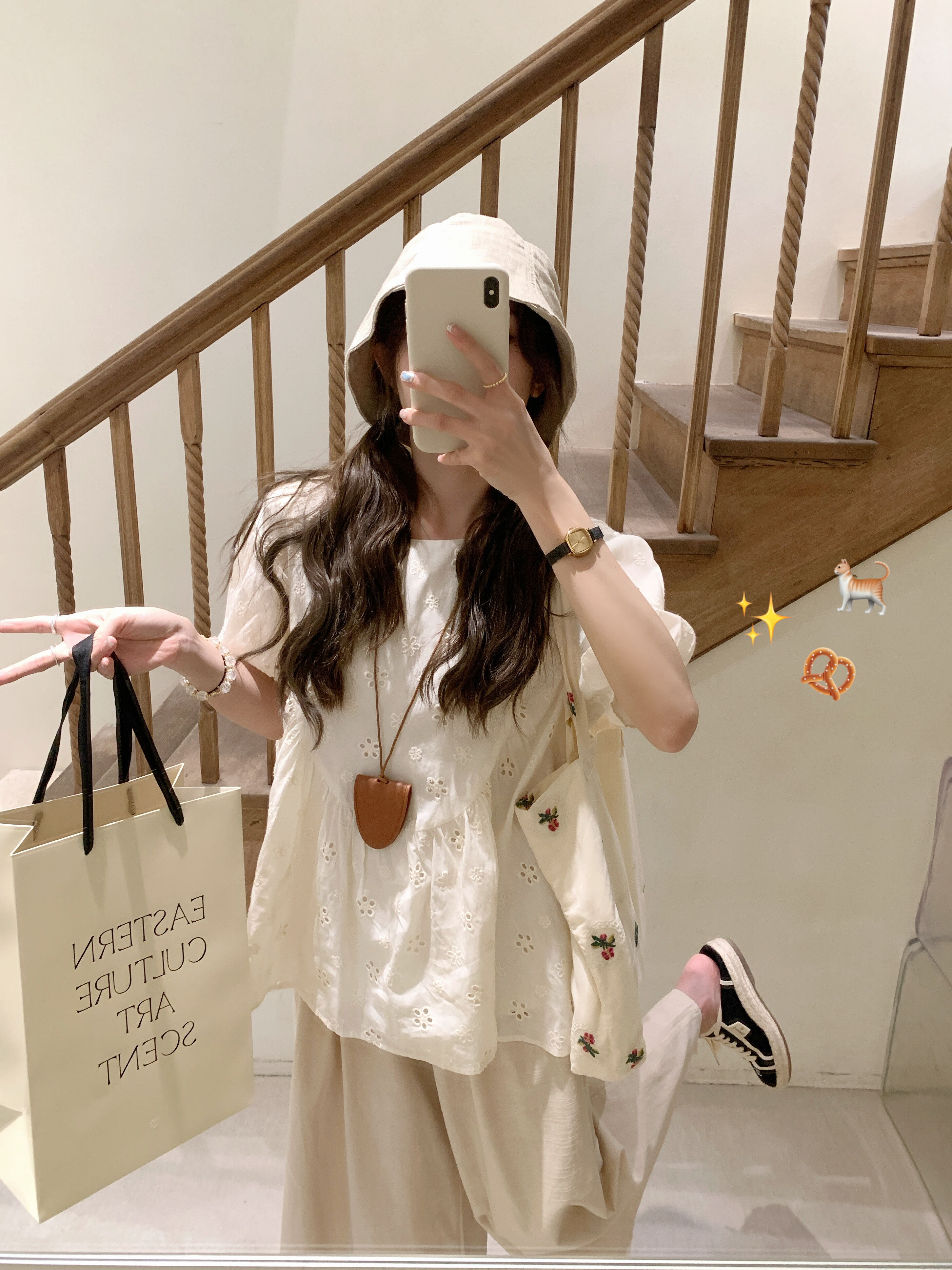 FF BLUE Summer Sunlight Cotton Embroidered Shirt Loose Short Sleeve Women's Casual Style round Neck Casual Fit Short Sleeve Top
