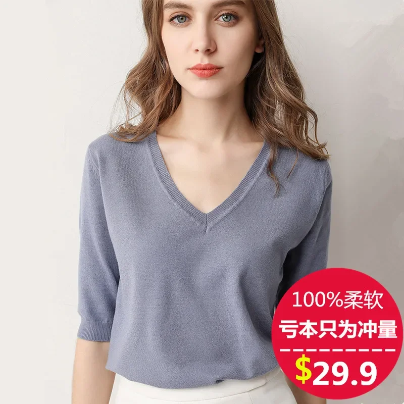 Spring and Summer Half Sleeve Sweater Women's V-neck Short Pullover Short Sleeve Thin Base Shirt Loose Mid-sleeve Sweater