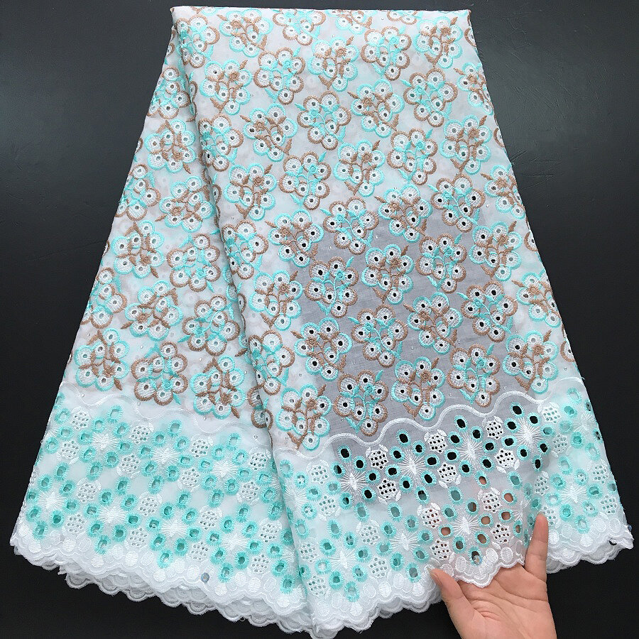 African Cotton Lace Fabric - 5Yards Embroidered Nigerian Swiss Voile With Crystal Stones For Wedding Party & Special Occasion