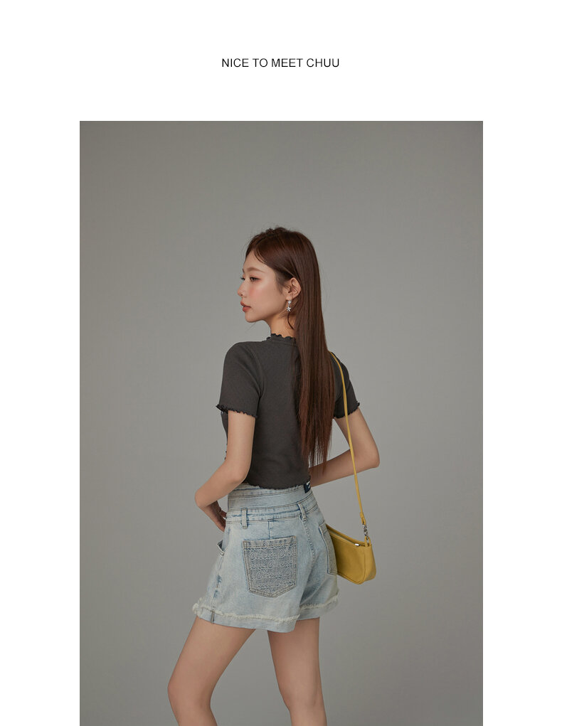 Chuu Butterfly Knot Embroidery Short Sleeve T-Shirt Women's New Summer Spicy Hollow out Ear Short Top Korean Style Cotton V-neck