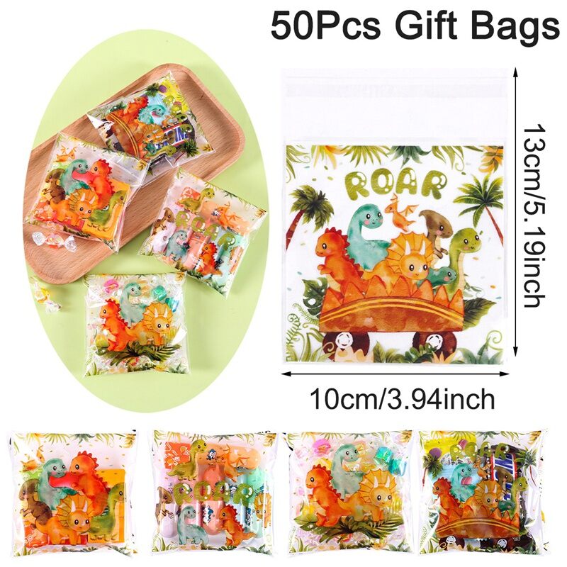 50/100pcs Mixed Jungle Dinosaur Self Adhesive Gift Bags Cute Cartoon Dino Party Favor Bags 1st Birthday Party Supplies