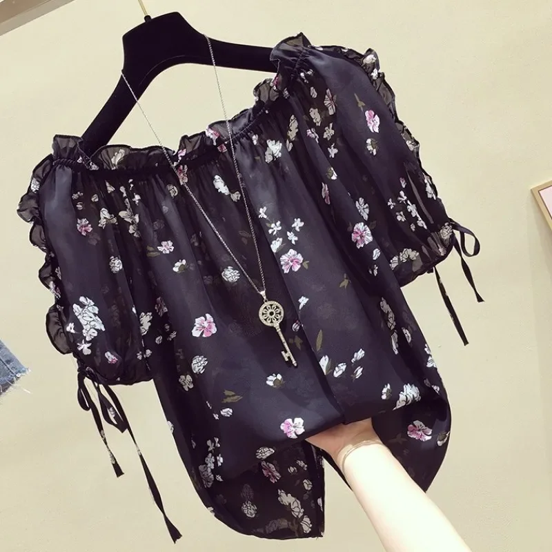Women's Short-Sleeved Off-Shoulder Shirt 2020 Summer New Arrival Korean Style Loose-Fit Sweet Belly-Covering Off-Shoulder Chiffon Shirt with Floral Print