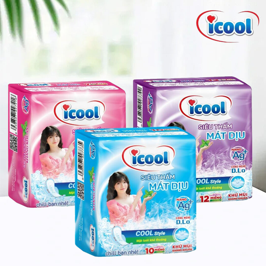 Băng vệ sinh ICOOL Siêu Thấm,  BVS ban ngày 24cm, có cánh, mặt lưới khô thoáng, bạc hà mát dịu.