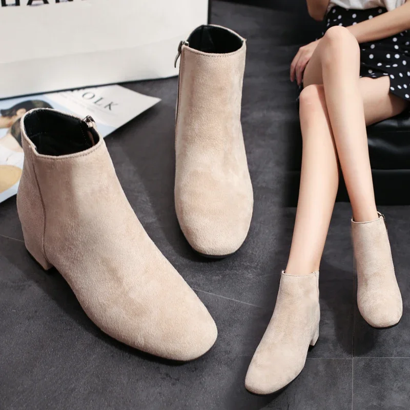 2020 Autumn Martin Boots Female Boots Chunky-Heel Korean Ankle Boots Students Mid-Heel All-Matching Solid Color Suede Ankle Boots