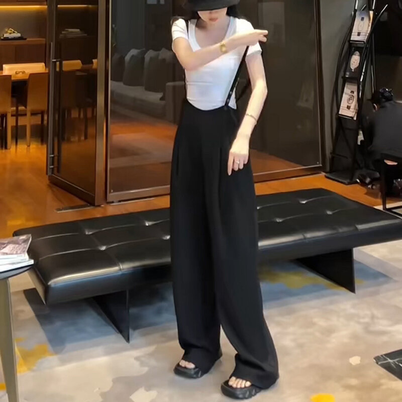 Summer Ice Silk Drape Casual Wide Leg Pants Women's High Waist Black Straight Cut Suit Trousers Comfortable Fashion plus Size