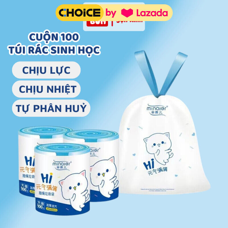 Cuộn 100/200 Túi Rác Có quai xách size 45x50cm, chất liệu tự phân hủy, có quai Minaier siêu dày dai chắc chống rỉ nước không sợ bẩn tay