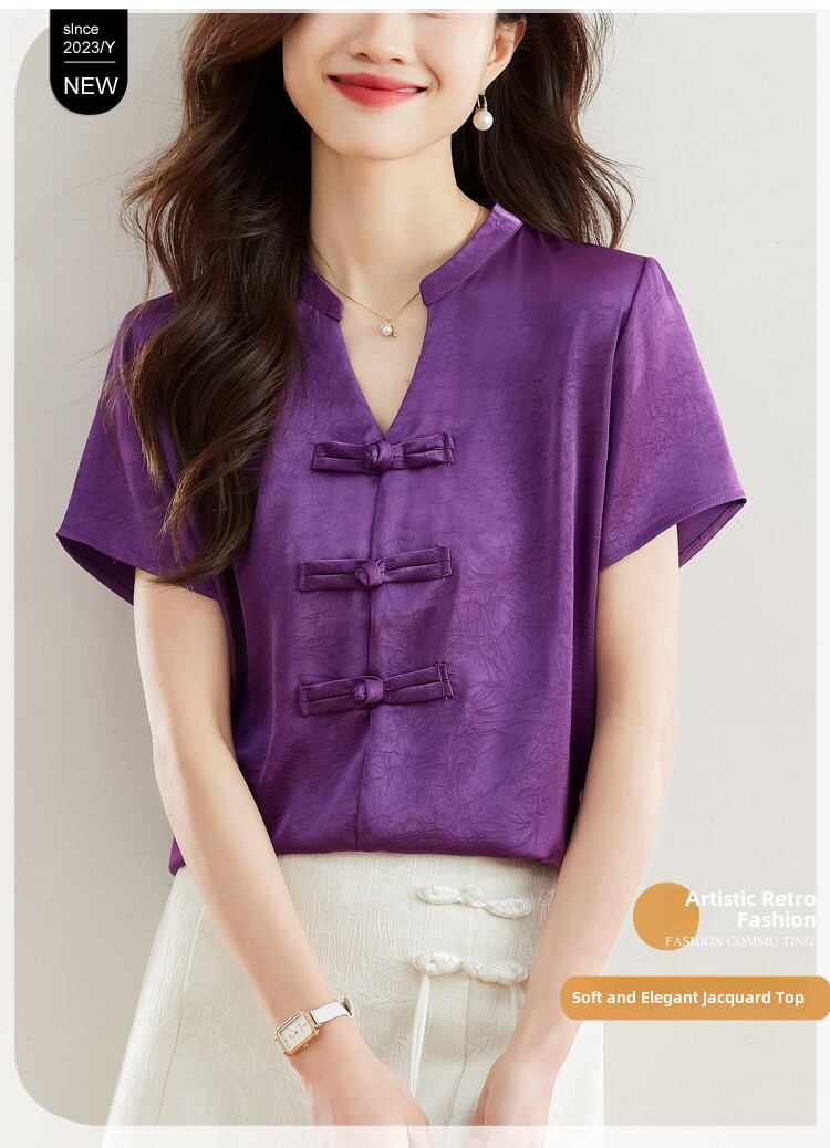 New Chinese Style Short Sleeve Shirt Women Summer 2025 New Fashion Black Embroidered Top Ladies Small Shirt Upper Body