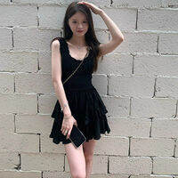 CHOEFULYN | Chic Black Mini Dress with Waist Cinching and Puff Skirt