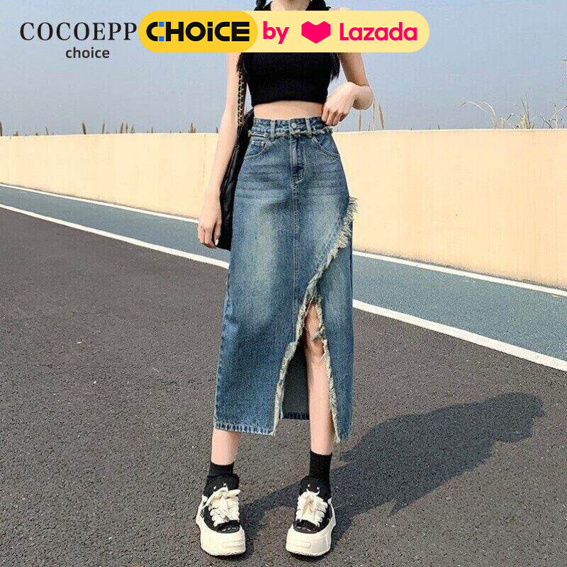 COCOEPPS กระโปรงผ่าข้างสำหรับผู้หญิง,กระโปรงเดนิมสตรีสไตล์ไม่สม่ำเสมอกระโปรงเดนิม Cewek Seksi ดีไซน์ขอบดิบแบบลำลองกระโปรงยาวปานกลางทรงลูกแพร์ยาวครึ่งเส้น ราคา 104 บาท*ส่งฟรี