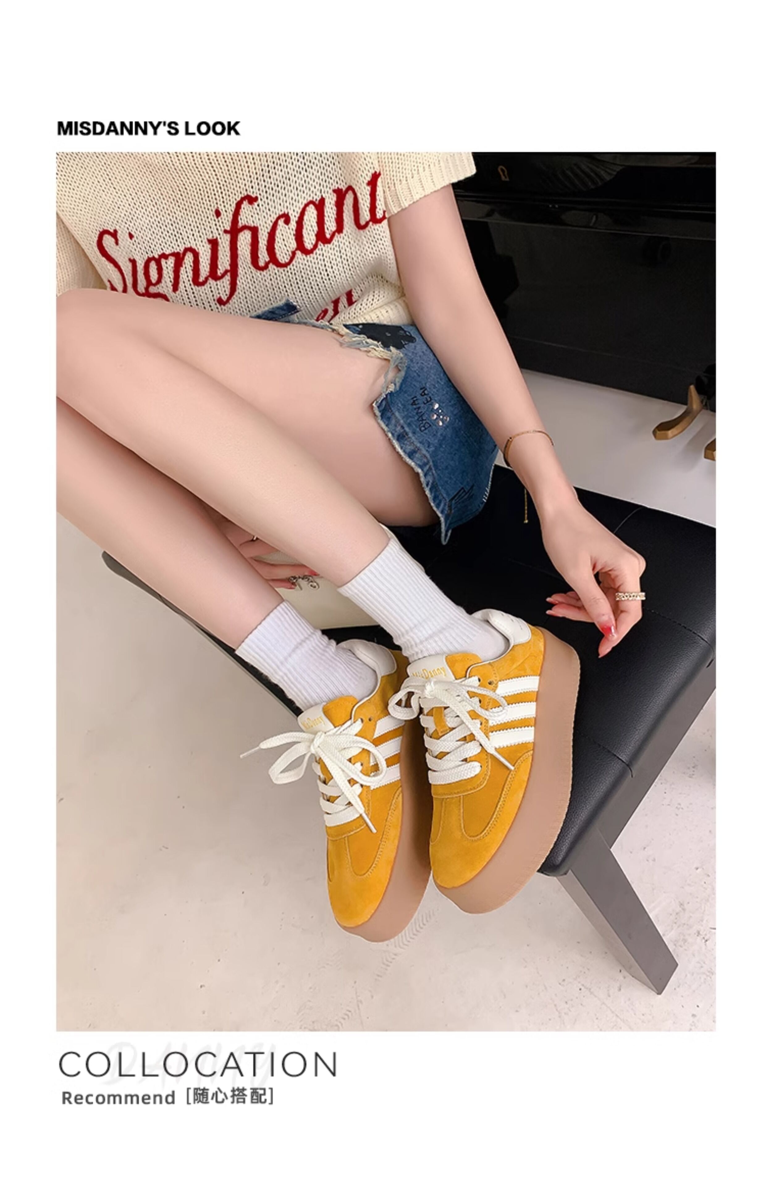 Yellow Genuine Leather Thick Bottom Deqin Shoes Women's Spring Style Casual All-Match Flat Heel Comfortable Sports Sneakers · v7