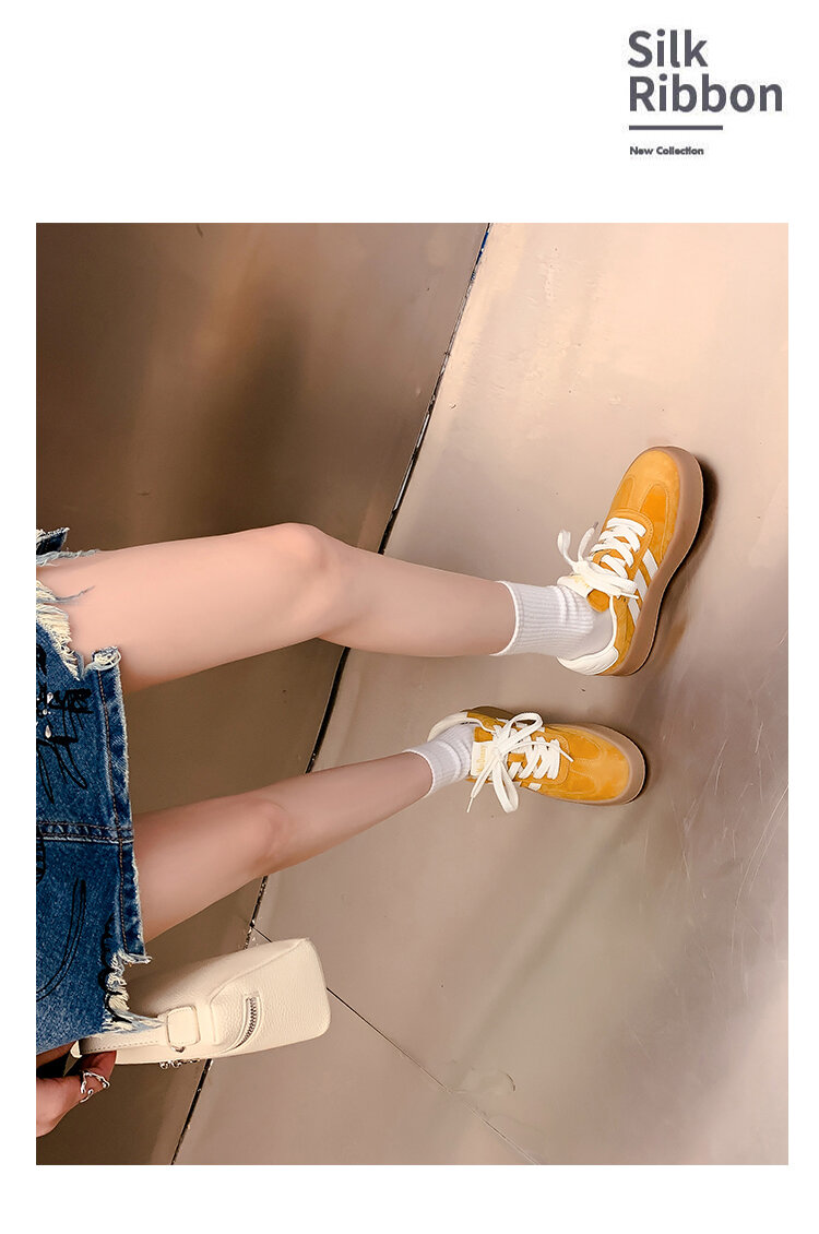Yellow Genuine Leather Thick Bottom Deqin Shoes Women's Spring Style Casual All-Match Flat Heel Comfortable Sports Sneakers · v7