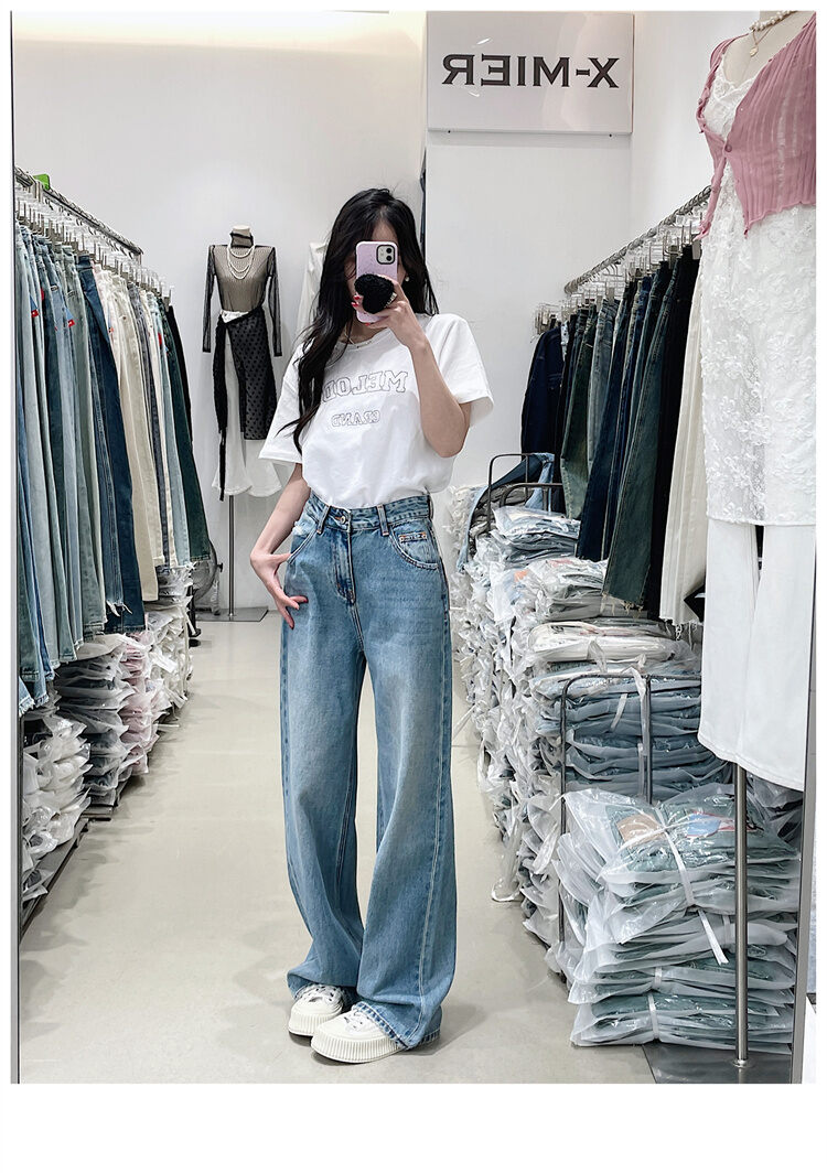 American Style Vintage Blue High Waist Wide Leg Jeans Women Loose Slim Straight Long Pants X-mier Denim Trousers for Ladies · v2