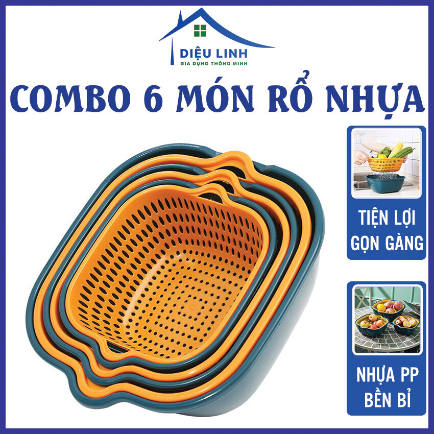 Rổ nhựa đựng đồ Bộ 6 Thau Rổ Xanh Vàng - Vuông Combo 6 món rổ nhựa ráo nước, bộ rổ nhựa kèm chậu, set rổ nhựa 6 món 5 lớp bền bỉ chắc chắn dieulinhshop