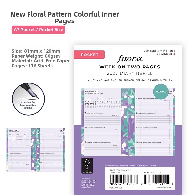 Filofax | Weekly Creative Patterned Planner Refills for A5 A6 A7 with Lined Perforated Pages