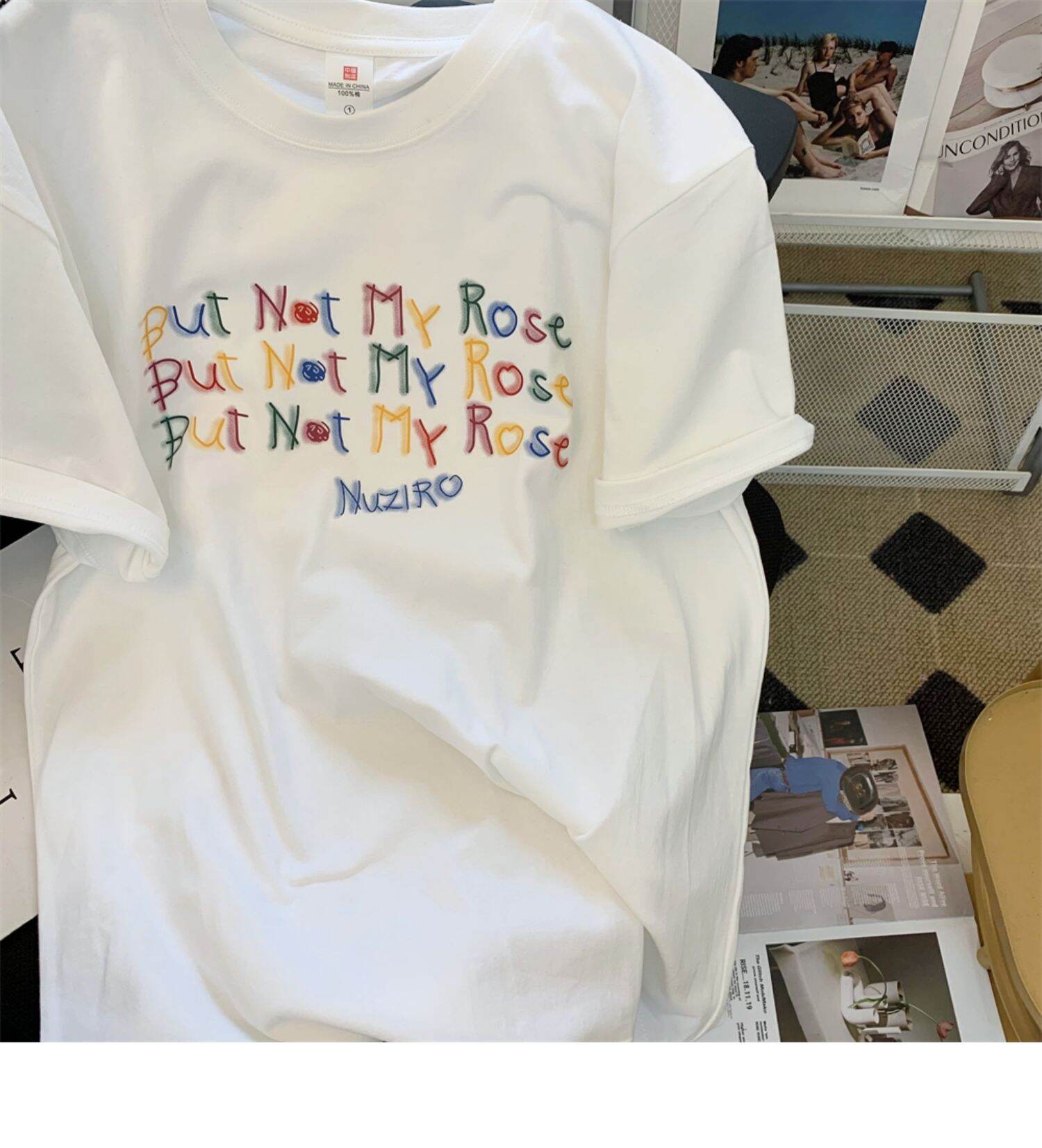 Kor-anya Colorful Letter Print White Short Sleeve Women's T-shirt Summer Loose Slimming Pure Cotton Half Sleeve Body Top · v2