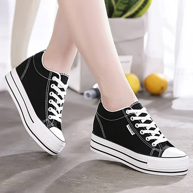 2021 Autumn New Thick Sole Hidden Height Canvas Shoes Women 'S Shoes Korean Style Student White Shoes Casual Shoes All-Matching Cloth Shoes