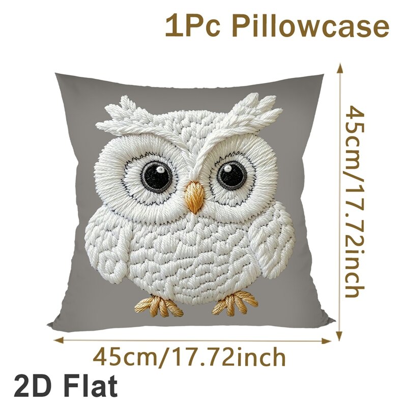 Cartoon White Owl Embroidery Cushion Cover 45*45cm Grey Base Peach Skin Pillowcase Home Sofa Bedroom Decor No Pillow Insert