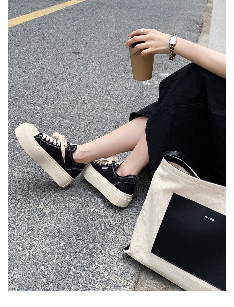 Women's Low Top round Toe Laced Canvas Shoes Thick Bottom Cross Pattern White Sneakers Worn in Dirty Looking Shoes · v11