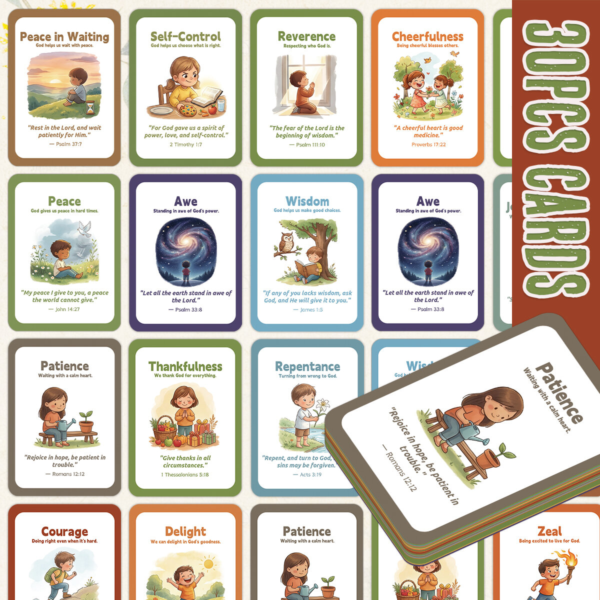 30pcs Vividly Illustrated Bible Virtue Cards For Family DevotionsSunday SchoolChristian EducationBaptisms Or Communions Gifts