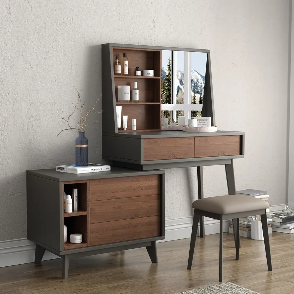 Nordic Solid Wood Dressing Table Modern Minimalist Bedroom Small Apartment Stool Desk Storage Cabinet Integrated Ins Makeup Table