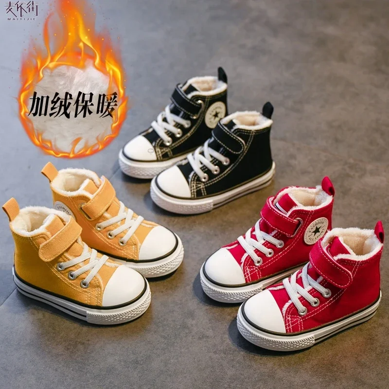 Baby Thin Cotton Shoes High-Top 1-3-6 Years Old Winter Baby Boys' Canvas Shoes Fleece-Lined Warm Children Baby Girl Cotton Shoes
